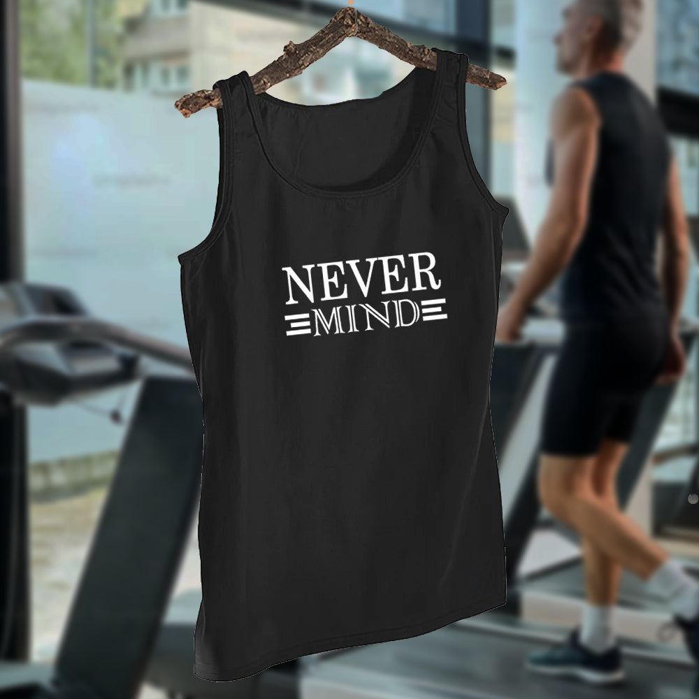 NEVER MIND Design - Black Jersey Printed Gym Sando Tanks Top For Men | Workout Tank top gym shirts for men | Sleeve-Less Shirt - L