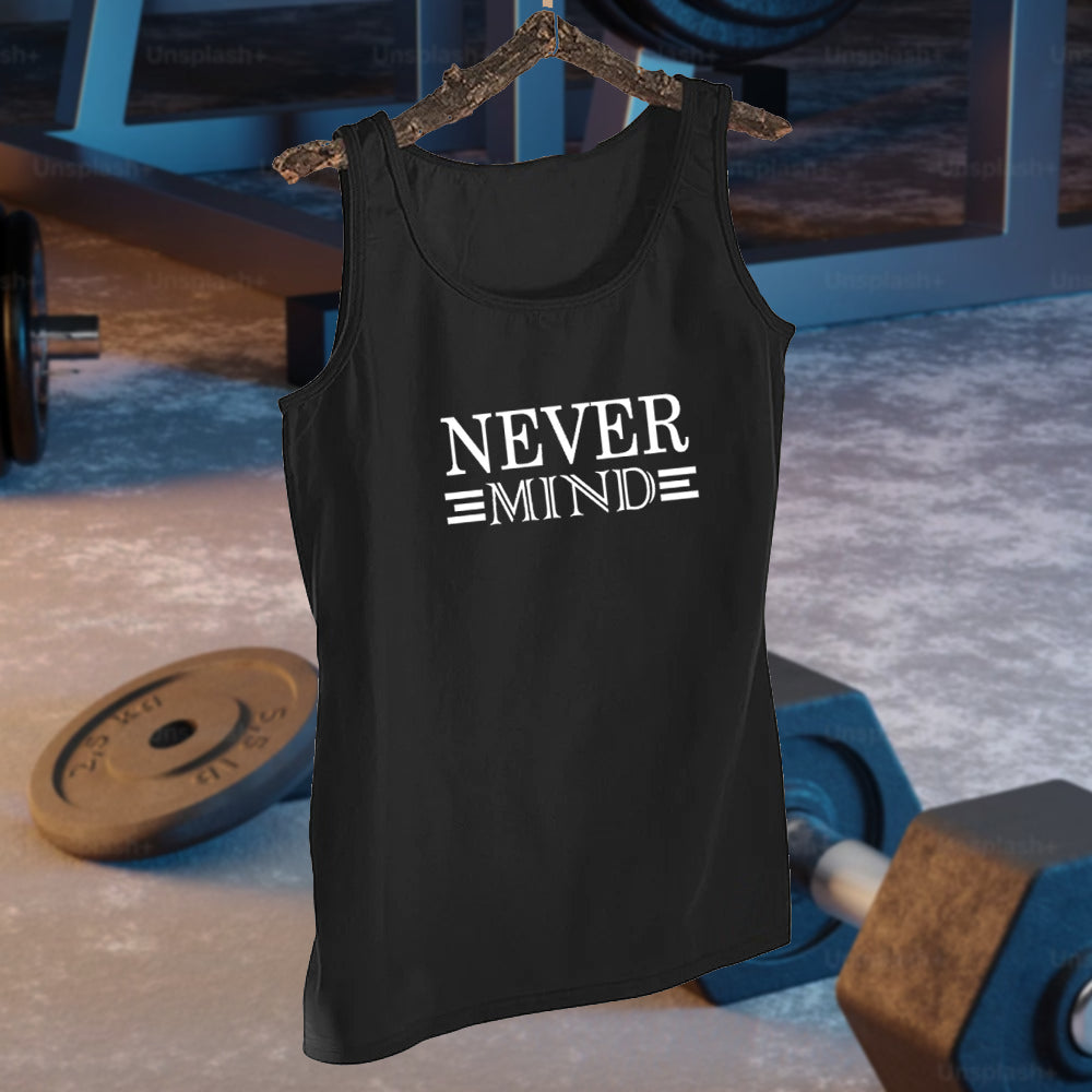 NEVER MIND Design - Black Jersey Printed Gym Sando Tanks Top For Men | Workout Tank top gym shirts for men | Sleeve-Less Shirt - L