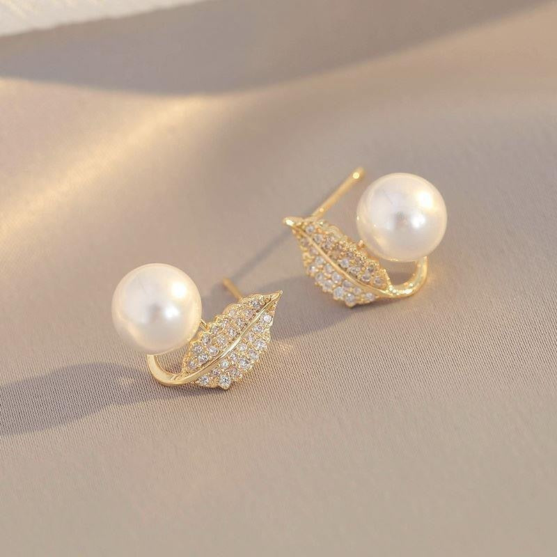 Leaf Pearl Earrings - Classy and Feminine Jewelry for Daily & Party Wear - Studs For Girls And Womens - Golden