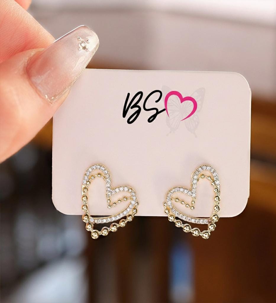 ZJE-164 Heart Shape Double Korean Earrings – Elegant Fashion Jewellery, Stylish Accessory for Women - Golden