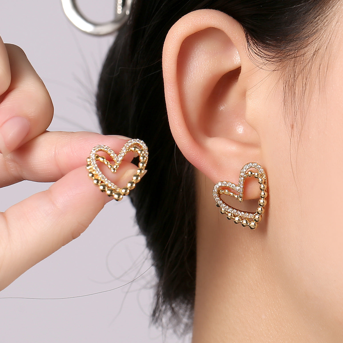 ZJE-164 Heart Shape Double Korean Earrings – Elegant Fashion Jewellery, Stylish Accessory for Women - Golden