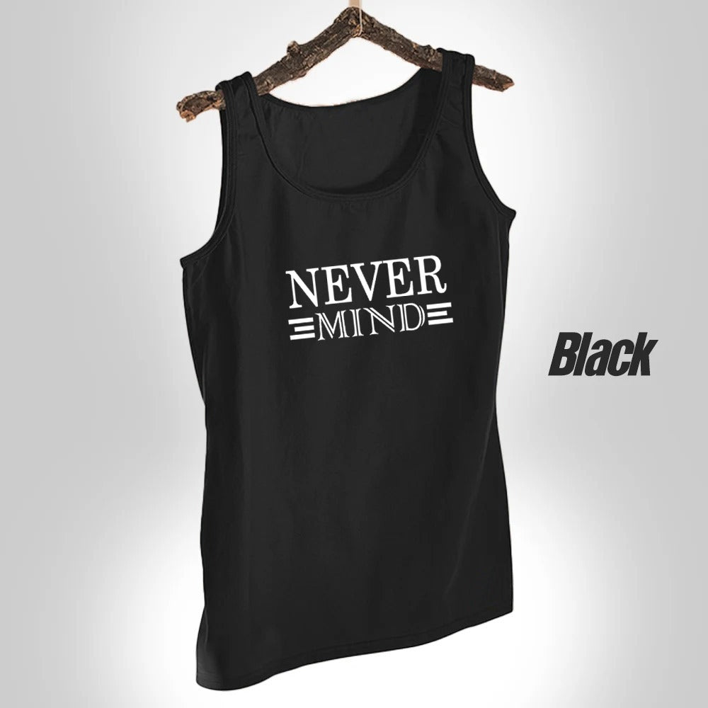 NEVER MIND Design - Black Jersey Printed Gym Sando Tanks Top For Men | Workout Tank top gym shirts for men | Sleeve-Less Shirt - L