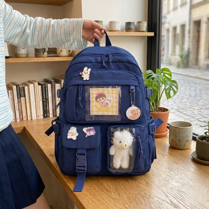 Cute Women Backpack Multi Pocket Canvas School Bag White Student Bag For Teenage Girls - Blue