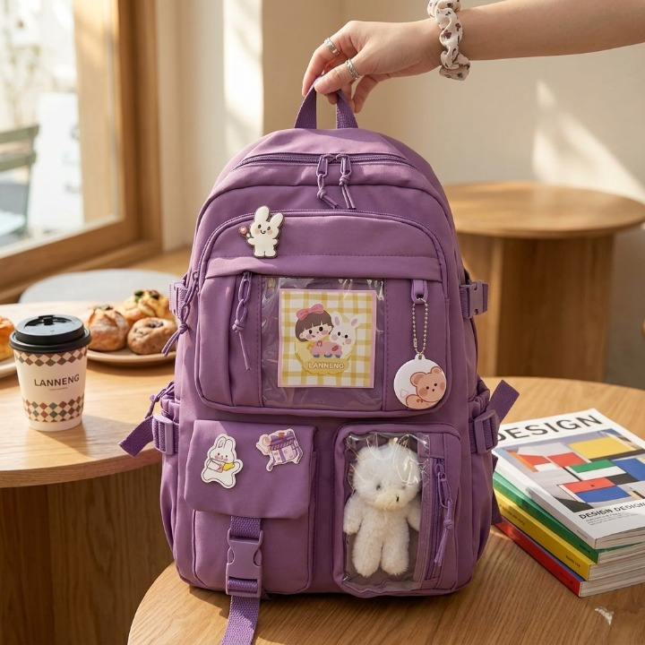 Cute Women Backpack Multi Pocket Canvas School Bag White Student Bag For Teenage Girls - Blue