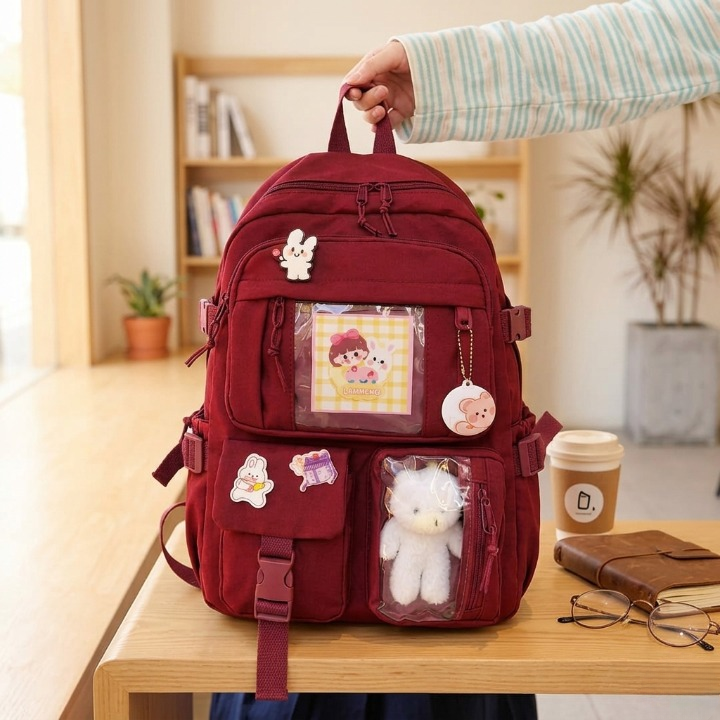 Cute Women Backpack Multi Pocket Canvas School Bag White Student Bag For Teenage Girls - Blue