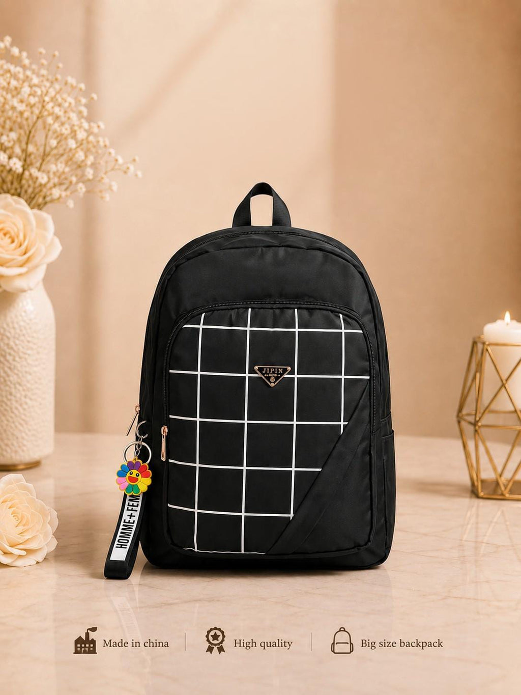 Urban Check Large Capacity Backpack for Women – Imported School, College, Office & Travel Bag - Black