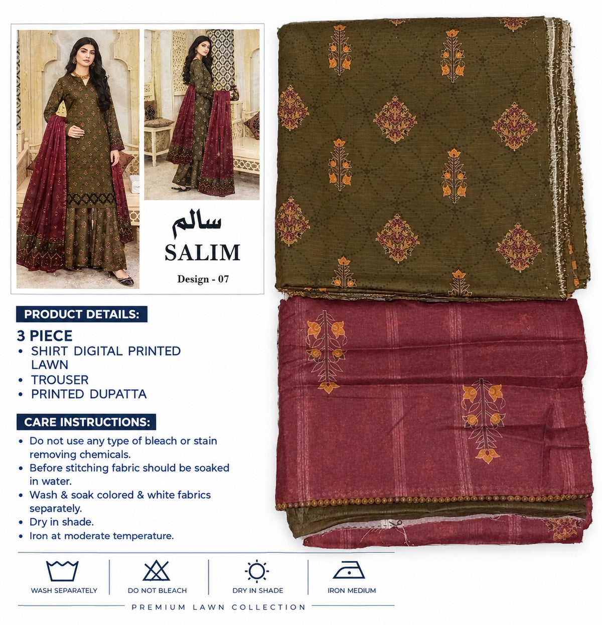 SALIM Design 07 – 3 Piece Printed Lawn Suit for Women